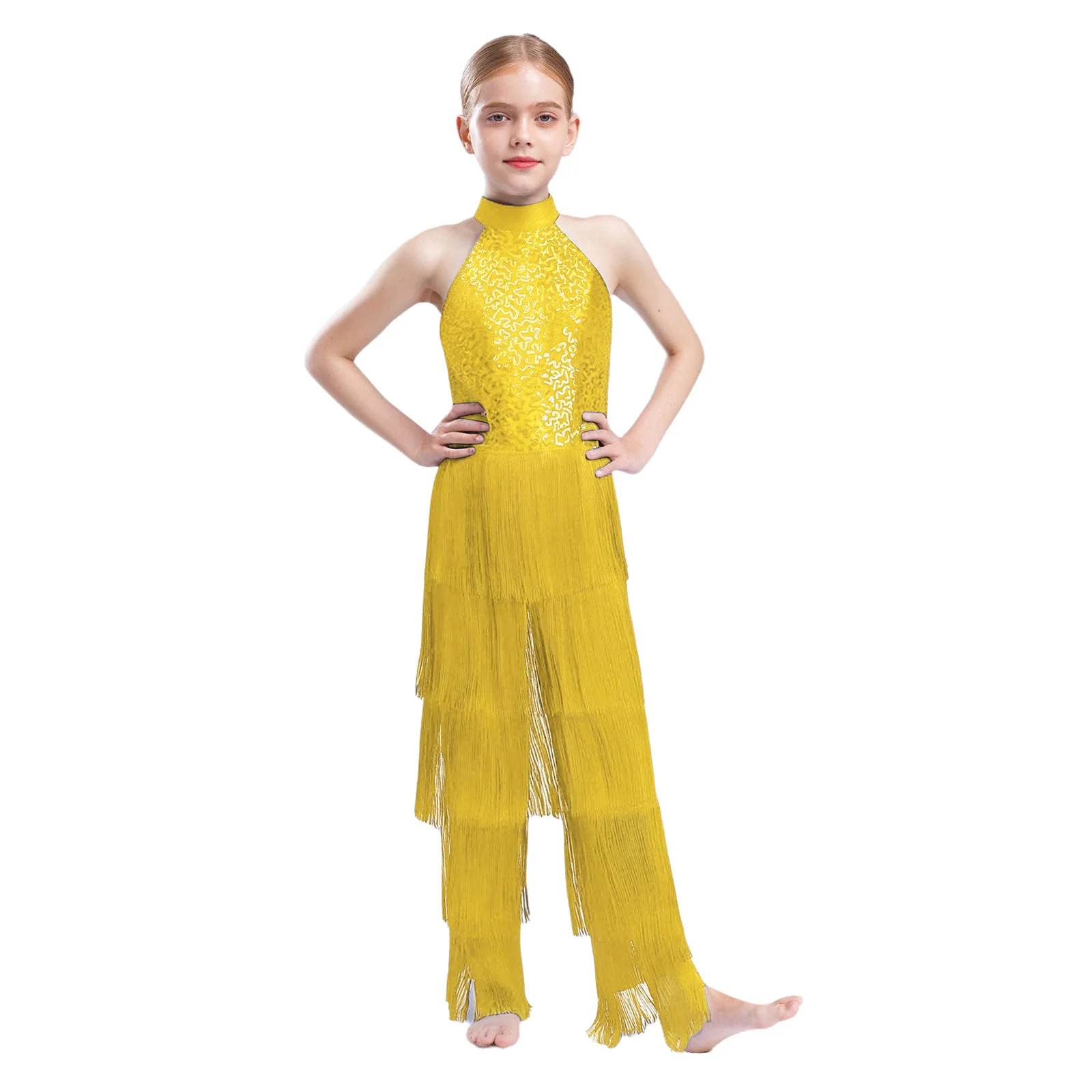 Kids Girls Latin Jazz Dance Jumpsuit Halter Sleeveless Backless Sequins Tiered Tassel  Bodysuit for Cha-cha Dancing Performance