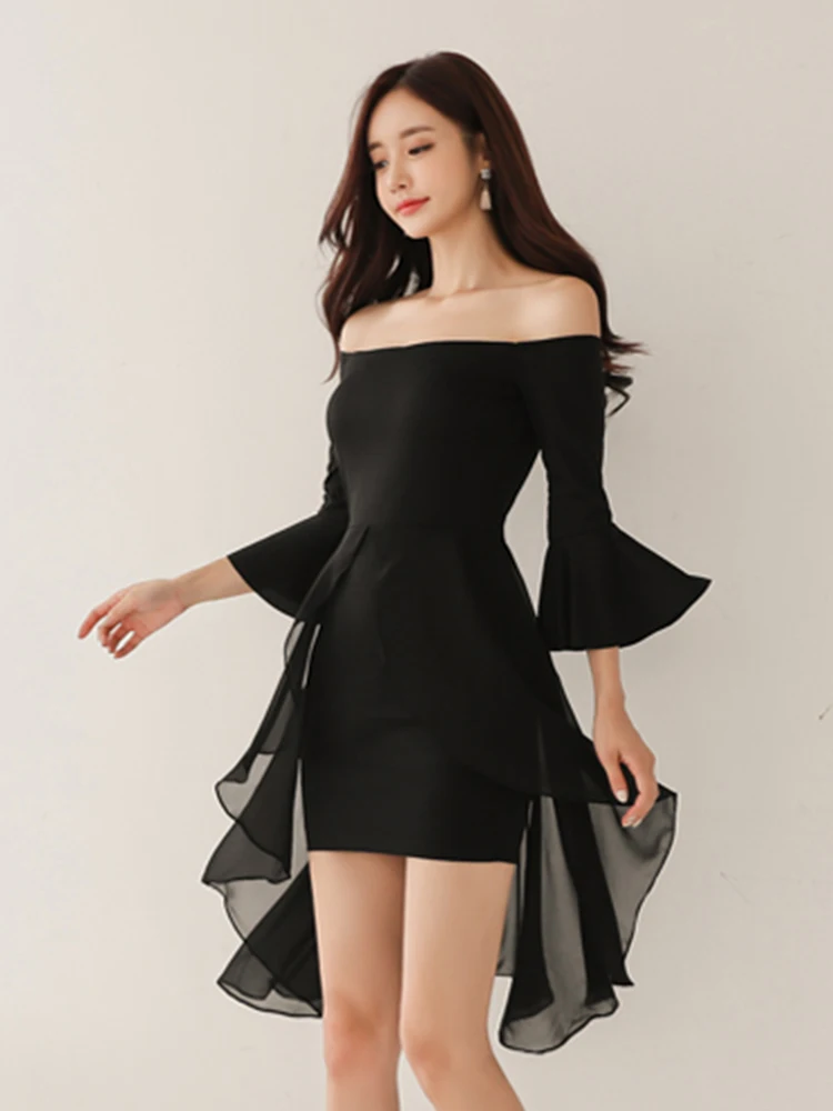 Korean Fashion Black Short Evening Dress Elegant Pretty Women Clothes Chic Sexy Off-Shoulder Slim Mini Party Prom Mujer Vestidos