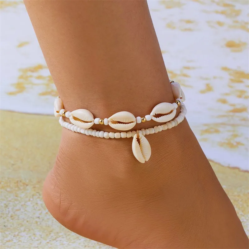 Bohemia Shell Charms Beaded Anklets 2 Pcs Handmade Summer Beach Shell Seed Beads Chain Anklet Set Weaved Sea Shell Foot Anklet