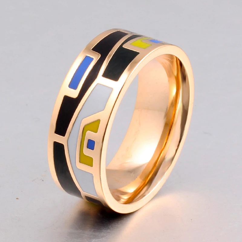 Brand Exclusive Beautiful Bird Pictures Color Vintage Enamel Jewelry 0.8cm Width Gilded Stainless Steel Rings for Women