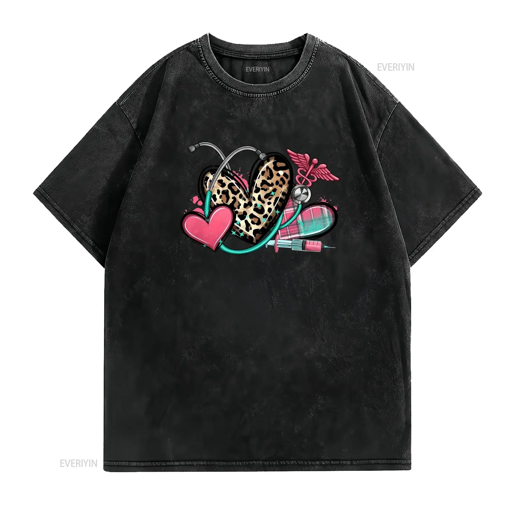 Nurse HearT T Shirt Leopard Women GifT Cute Typography vintage Washed Versatile homme Soft Unisex Comfortable