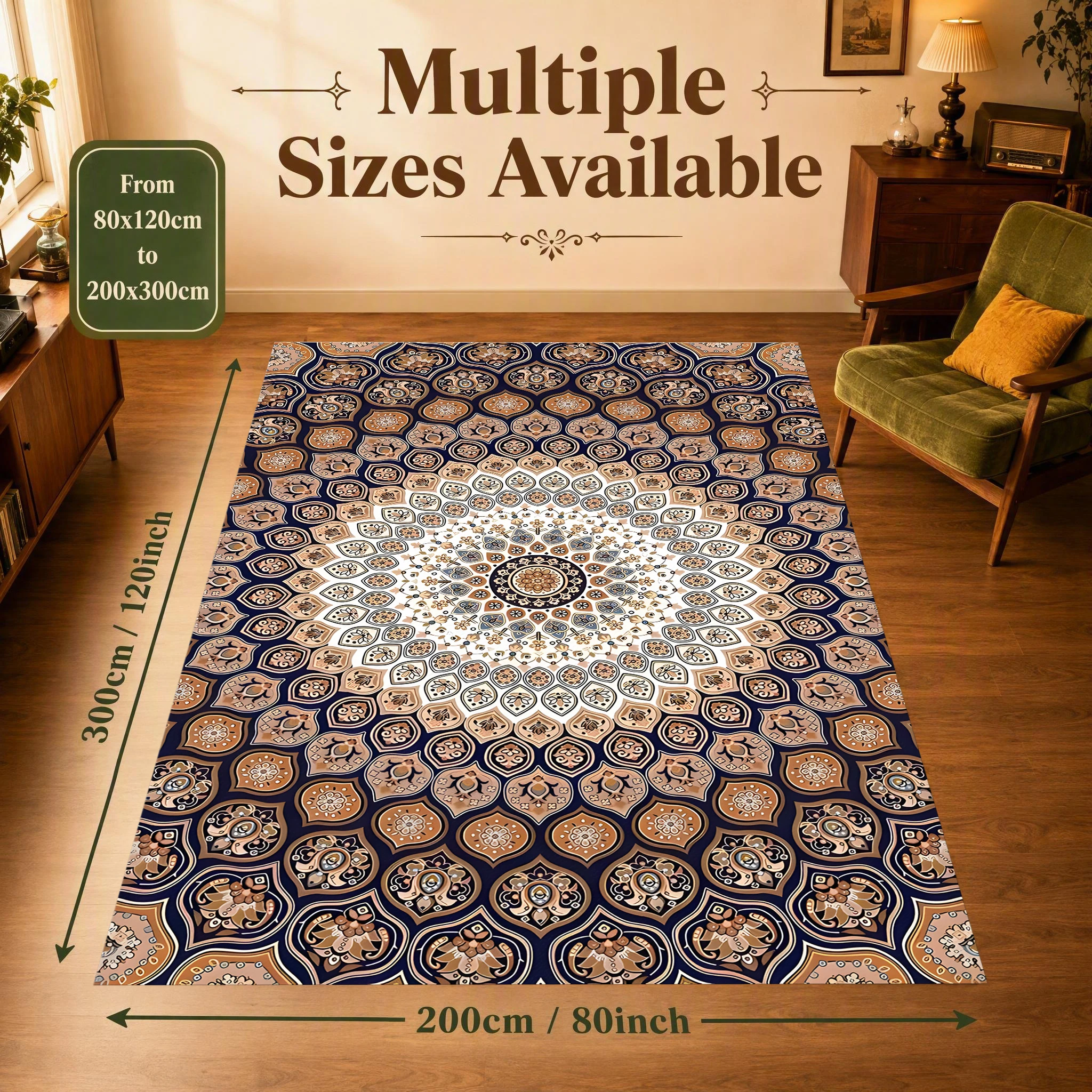 2D Carpet with Persian Radial Symmetrical Pattern in Retro Exotic Style for Living Room and Bedroom