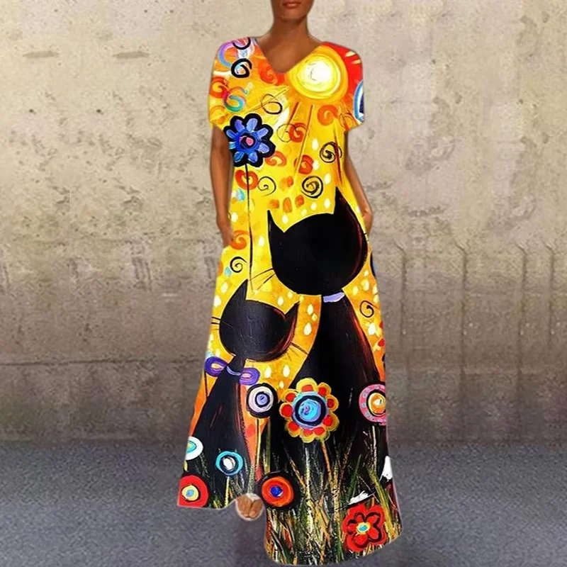 Abiti da sera eleganti stampati da ragazza astratta da donna abiti lunghi Casual con scollo a V manica corta abiti estivi allentati abiti