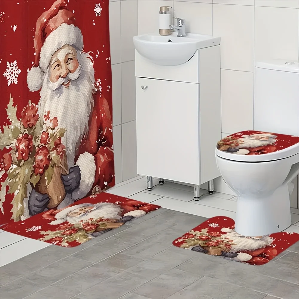 4pc Santa Design Shower Curtain Set, Christmas Home & Bathroom Decor, Xmas Gift, 12 Hooks Included