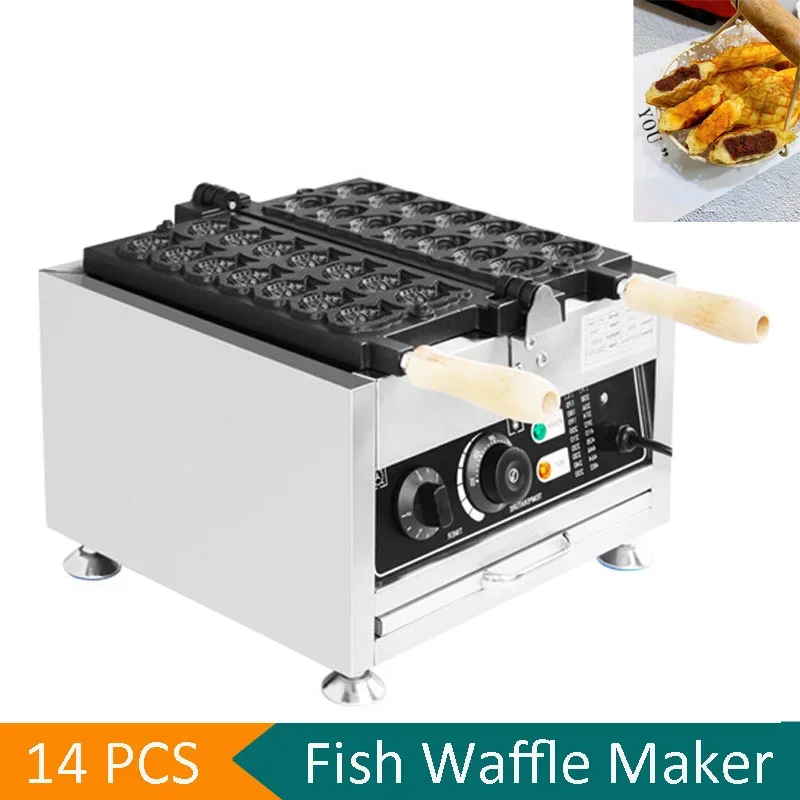 14Pcs Electric 110V 220V Big Eyes Small Fish Waffle Maker Taiyaki making Machine Mini Fish Shaped Waffle Commercial Baking Maker