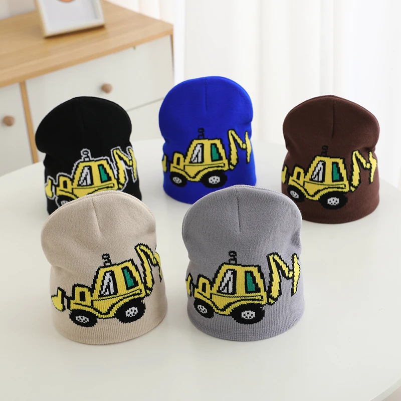 

Baby Boys 2024 New Fashion Spring Autumn Winter Casual Knitted Cartoon Excavator Children Outdoor Kids Caps Sports Warm Hats