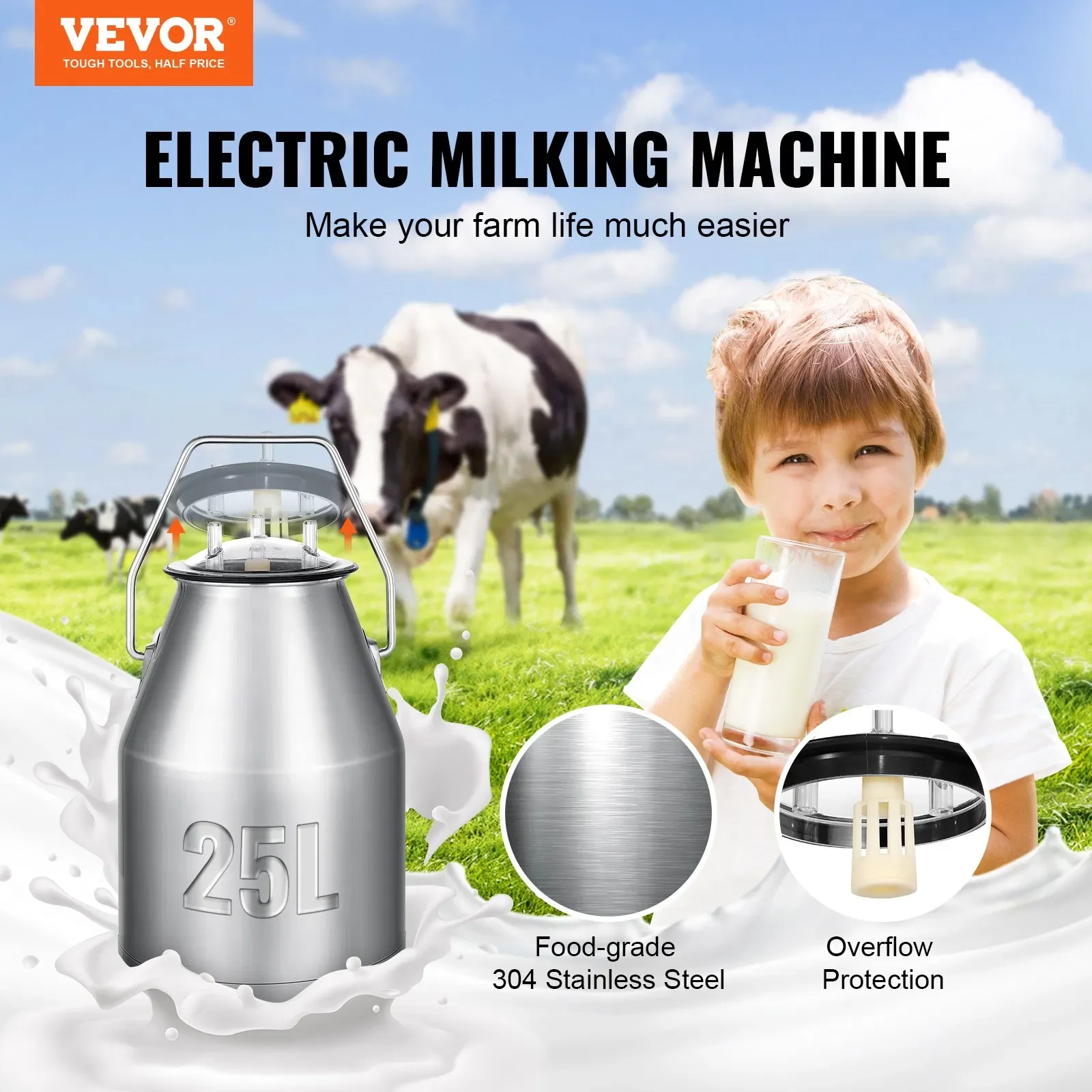 Electric Cow Milking Machine 6.6 Gal / 25 L 304 Stainless Steel Bucket Automatic Pulsation Vacuum Milker