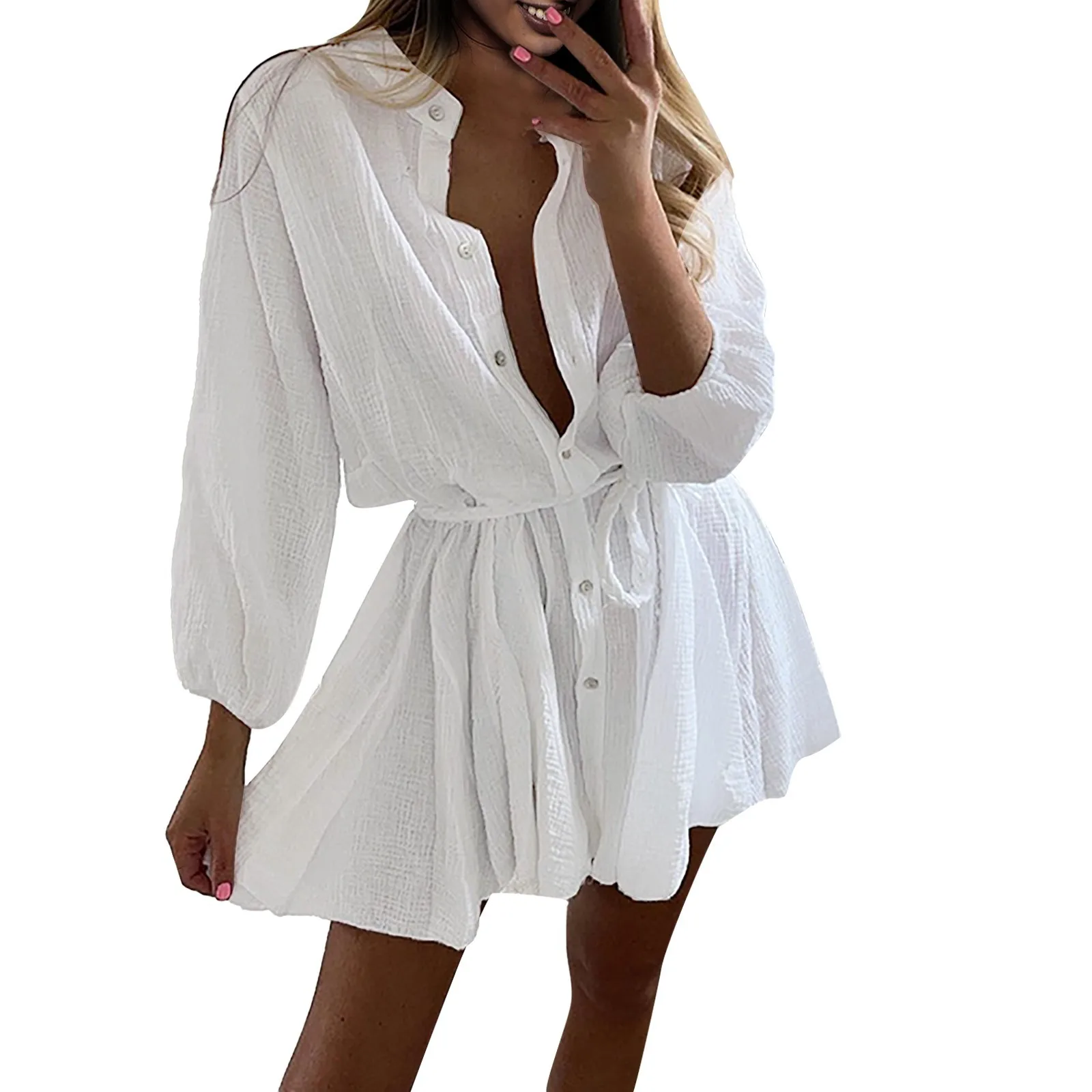 Casual Women Shirt Dress Long Sleeve Turn-dwon Collar Button Blet Loose Mini Dress Autnmn Elegant Office Lady Dress Vestidos