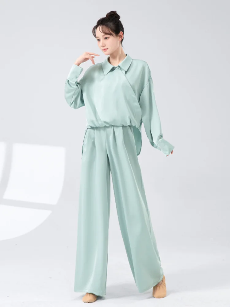 Top con risvolto vestibilità ampia in tinta unita e pantaloni a gamba larga a vita alta – Elegante abbigliamento da ballo per spettacoli, pratica e allenamento