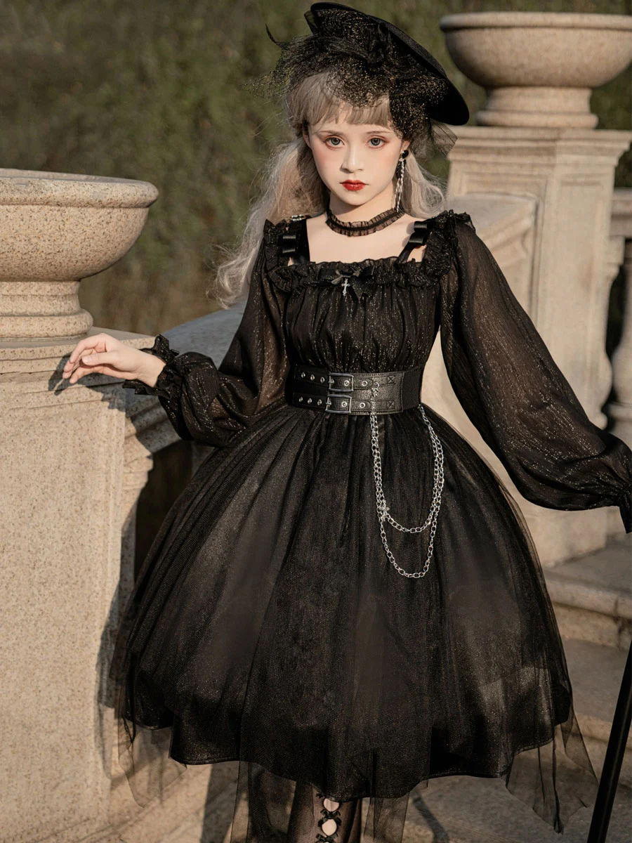 

Gothic Lolita OP Dress Bows Long Sleeve Lace Ruffles Black Lolita One Piece Dress