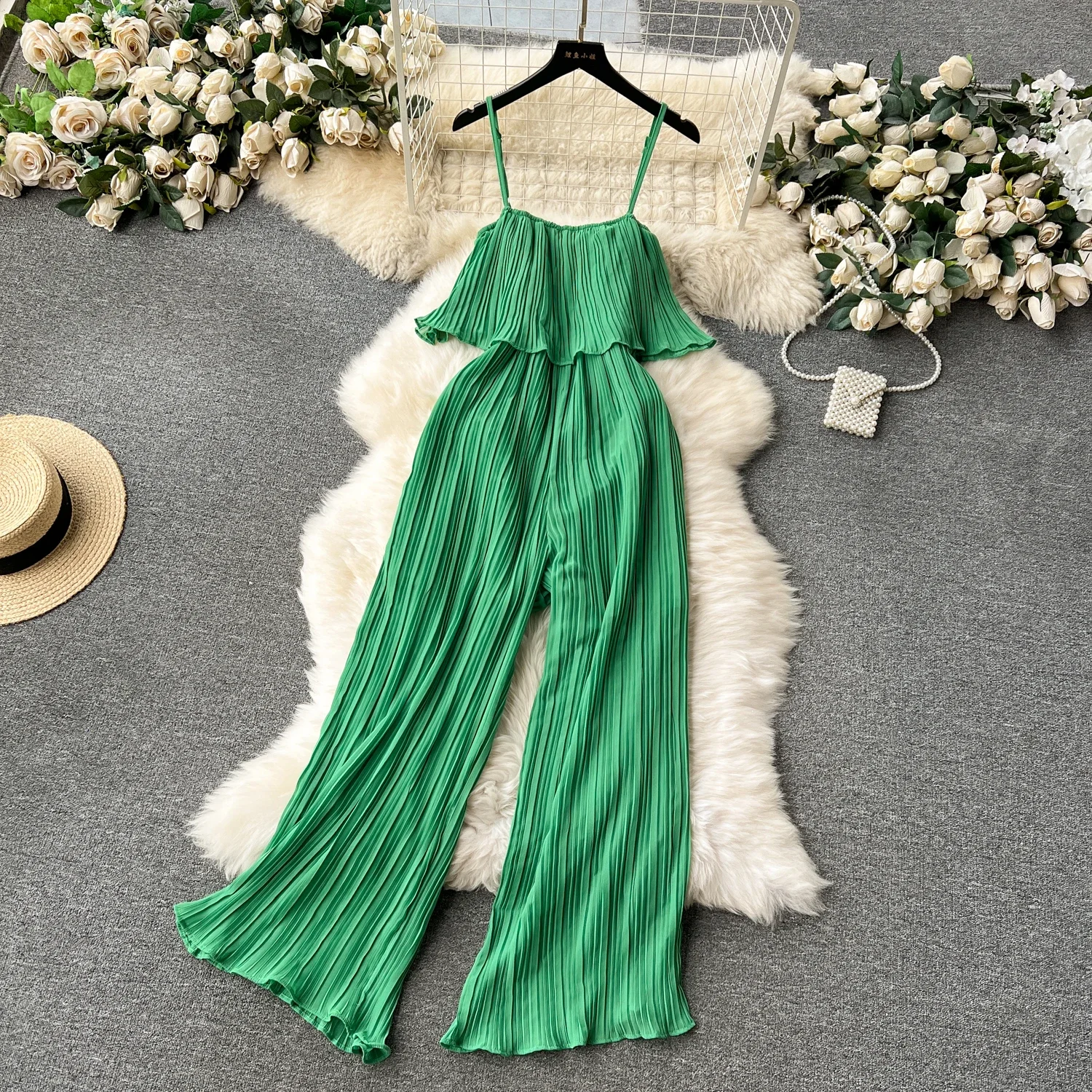 Vacation Loose Jumpsuit Strap Backless Thin Romper Streetwear Women INS One-Piece Outfit Beach Style Pleated Bodysuits