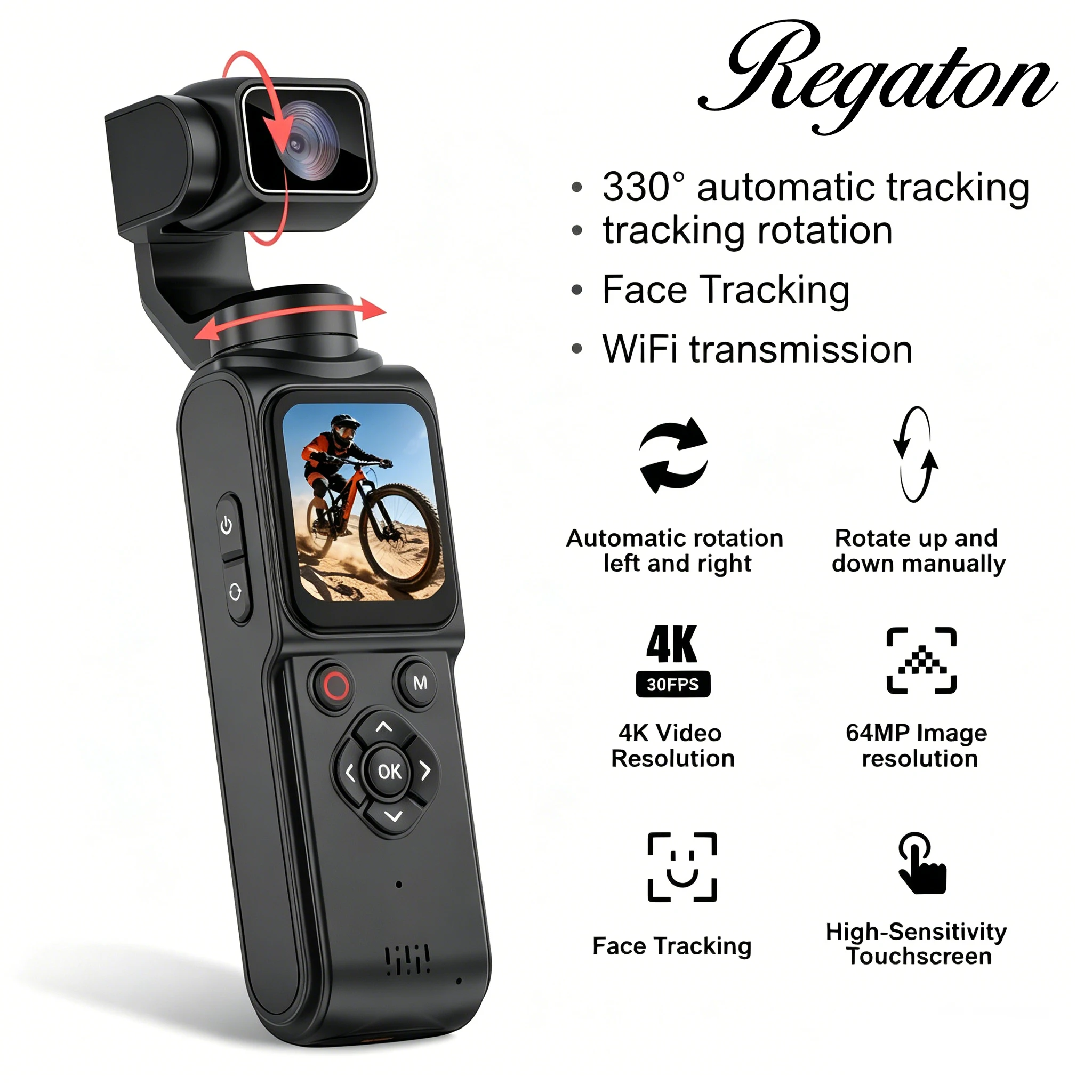 Regaton 4K Action Camera 330° Face Tracking Gimbal Stabilizer 1.72 Inch Touch Screen 64MP Pocket Digital Camera WiFi Sports DJ