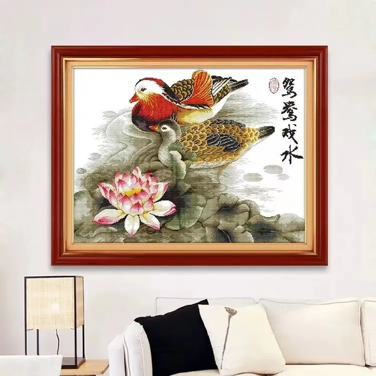 

Handmade cross stitch finished product with mandarin ducks playing in water, love wedding, new living room, bedroom decoration,