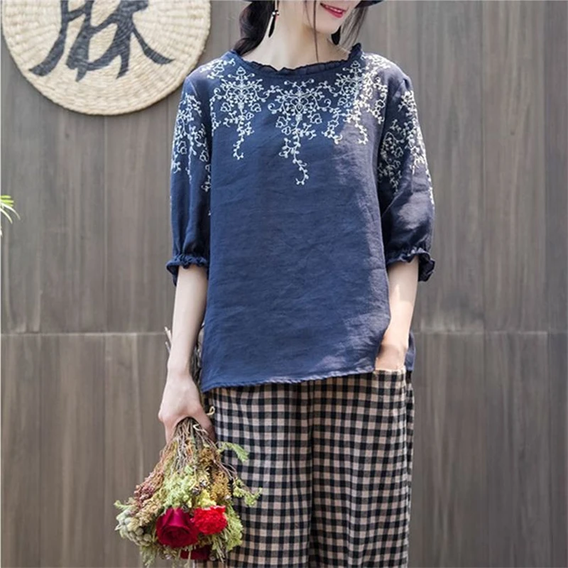 Women Vintage Embroidery Simple Casual Half Sleeve T-shirt 2024 Summer Holiday Ruffle O Neck Loose Cotton Linen Tops Ropa Mujer