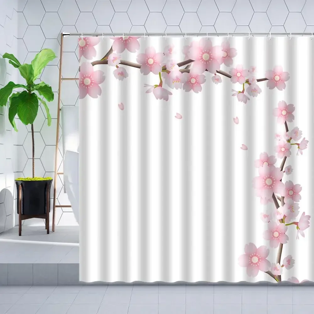 Pink Floral Shower Curtain Set Cherry Blossom Peach Blossom Curtains Falling Petal White Background Girl Bathroom Deco Polyester