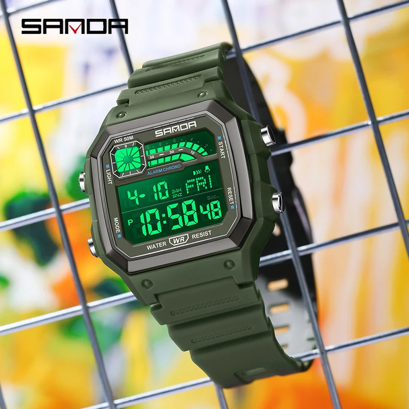 SANDA Men\'s Watch Lightweight Square Outdoor Sports Electronics Wristwatch Waterproof Alarm Clock LED Digital Watches Relojes