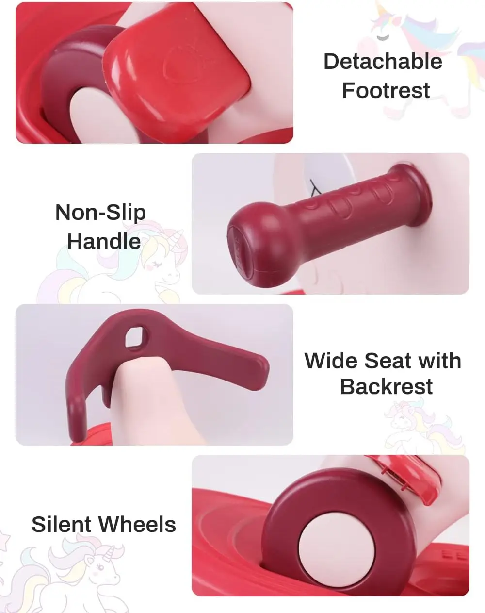 Cheval à bascule 4 en 1 pour tout-petits de 1 à 3 ans, jouets de vélo d'équilibre avec poignée de poussée, dossier et planche d'équilibre pour bébé