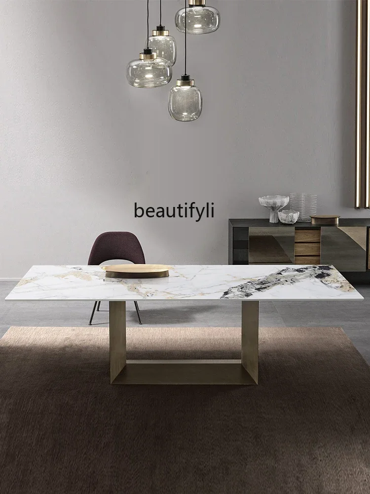 

Italian imported rock slab dining table marble rectangular dining table and chair combination household dining table9344