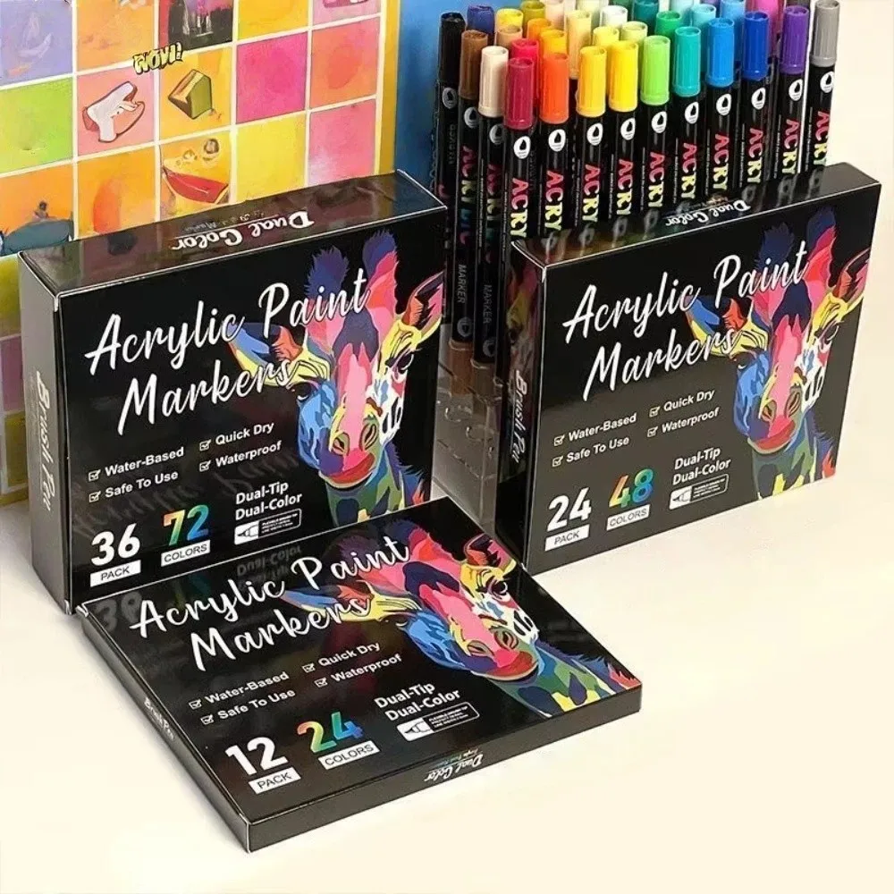 24/48/72 Colors Acrylic Paint Markers Dual-color Multipurpose Dual Tip Graffiti Pen Soft Tip Highlighter Color Pen Art Supplies