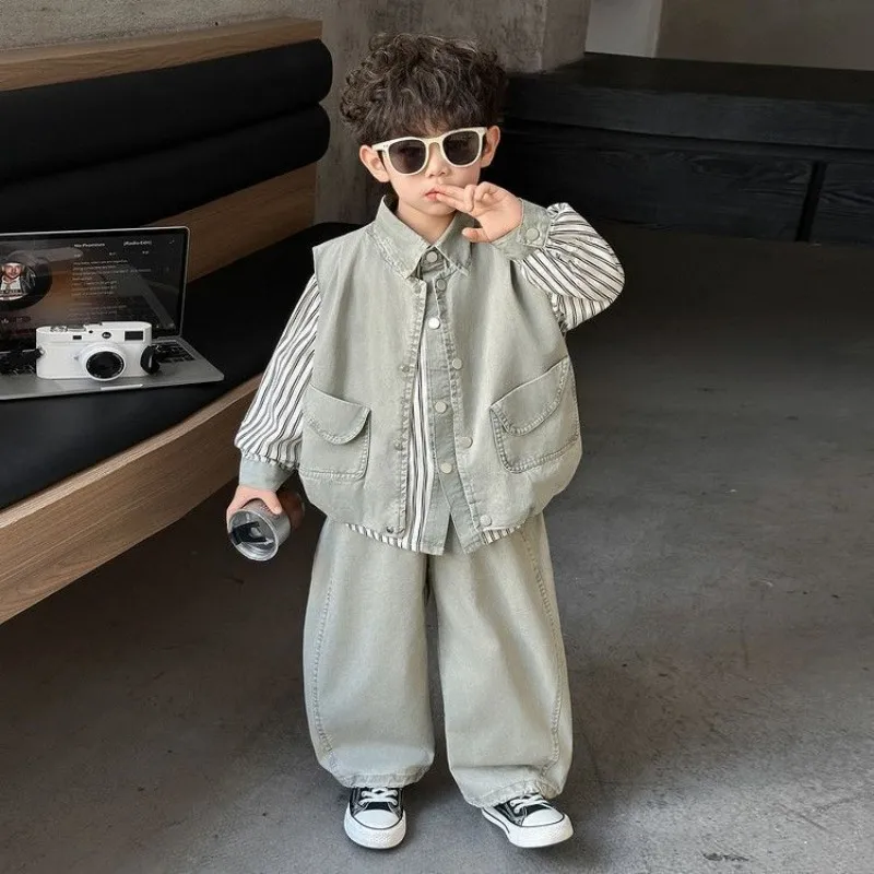 Boys' Spring and Autumn Set 2026 New Children's Long Sleeve Shirt+Vest Pants 3-Piece Set 2 4 6 8 Y