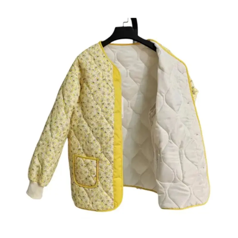 Vintage Yellow Cotton Coats Women Winter Fashion Floral Printed Loose Fleece Padded Jackets Korean Single Breasted Warm Outwear