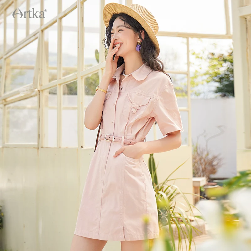 ARTKA 2023 Summer New Women Dress Fashion Casual Safari Style Shirt Dresses Short Sleeve High Waist Dress With Belt LA92237X