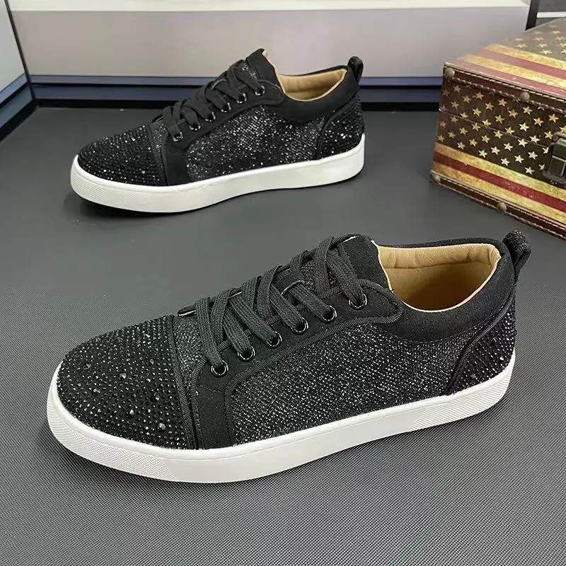 

mens casual rhinestone shoes lace-up flats shoe black white breathable sneakers party prom dresses stylish platform footwear man