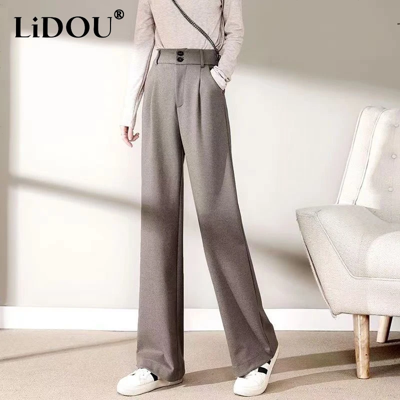

Autumn Winter New High Waist Loose Casual Wide Leg Woolen Pants Women Solid Color Simple All-match Thick Trousers Female Clothes