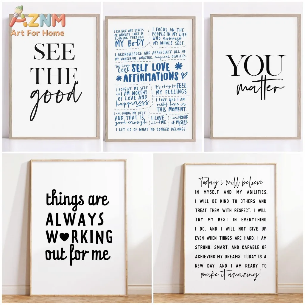 AZNM Impression sur toile « Auto-aimance et Affirmations Positives », Texte Inspirant Minimaliste Noir et Bleu, Art Mural Non Encadré pour Chambre