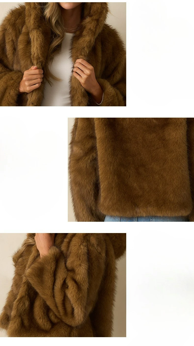 Brown Faux Fur Hooded Jacket, European and American Fashionable Women's Coat, Soft Plush Side Pockets with Ribbed Lining Fashion