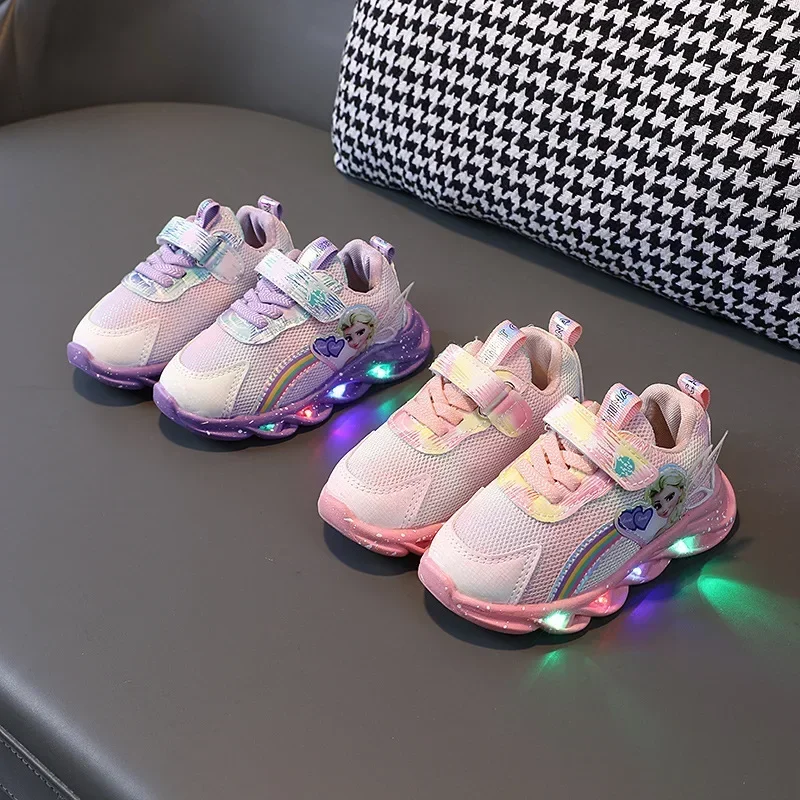 Casual Shoes with Light LED Sneakers Women's Running Shoes Disney Frozen ELsa Spring New Mesh Pink Breathable