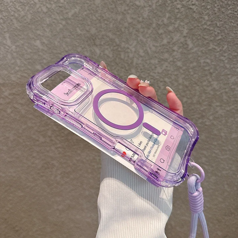 

Прозрачный противоударный чехол 3-в-1 Candy Color для iPhone 17 Air, 16, 15, 14 Plus, 13, 12 Pro Max с ремешком и магнитной зарядкой