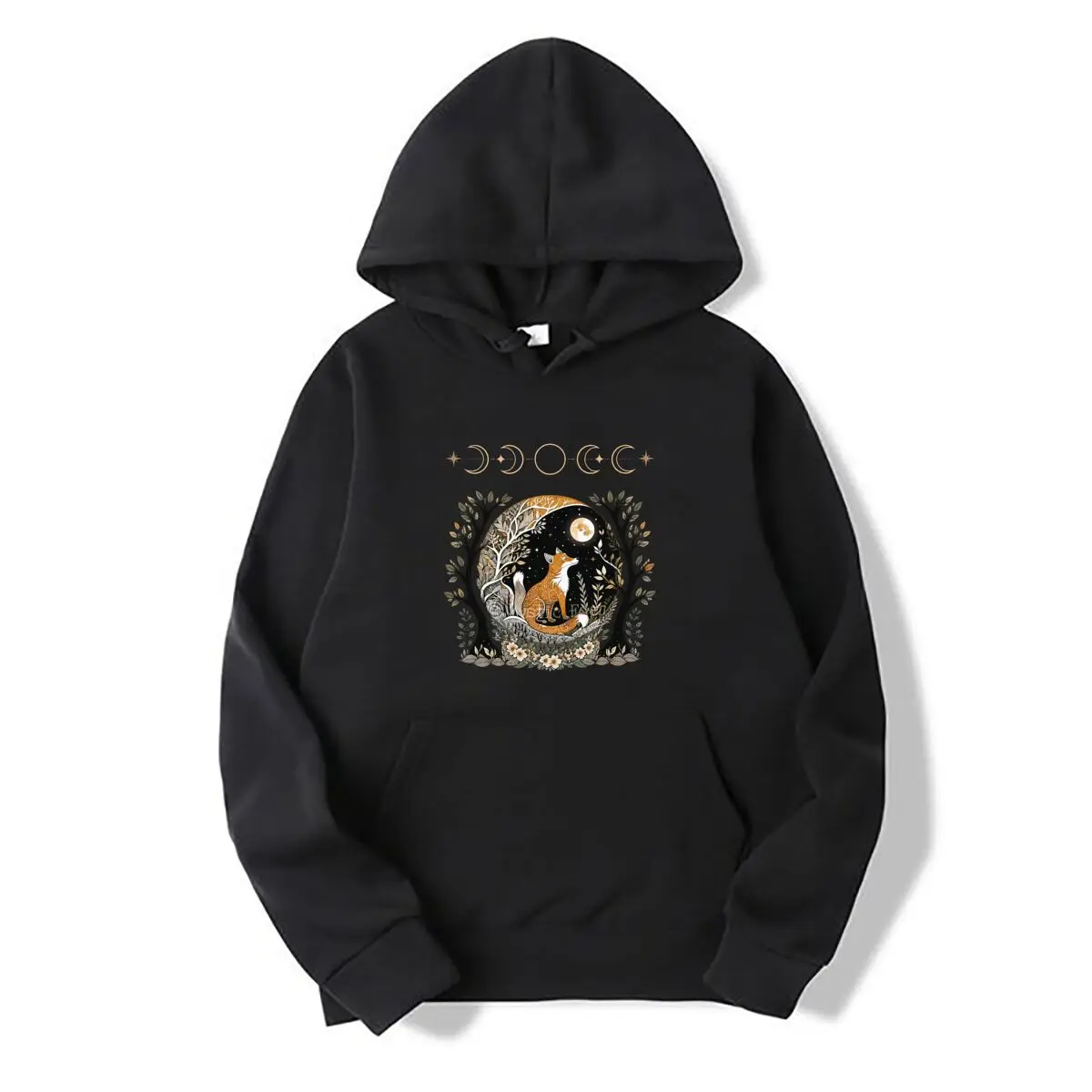 Celestial Fox Moonlit Forest Floral Nature Illustration Autumn and winter new men's and women's hooded sweatshirts