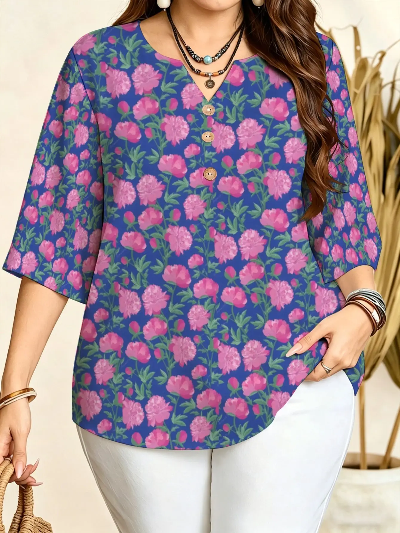 5 Styles Full Peony Rose Tribal Geometric Dot Patchwork Floral Print Blouses Notch V Neck 3/4 Sleeve Soft Loose Shirts
