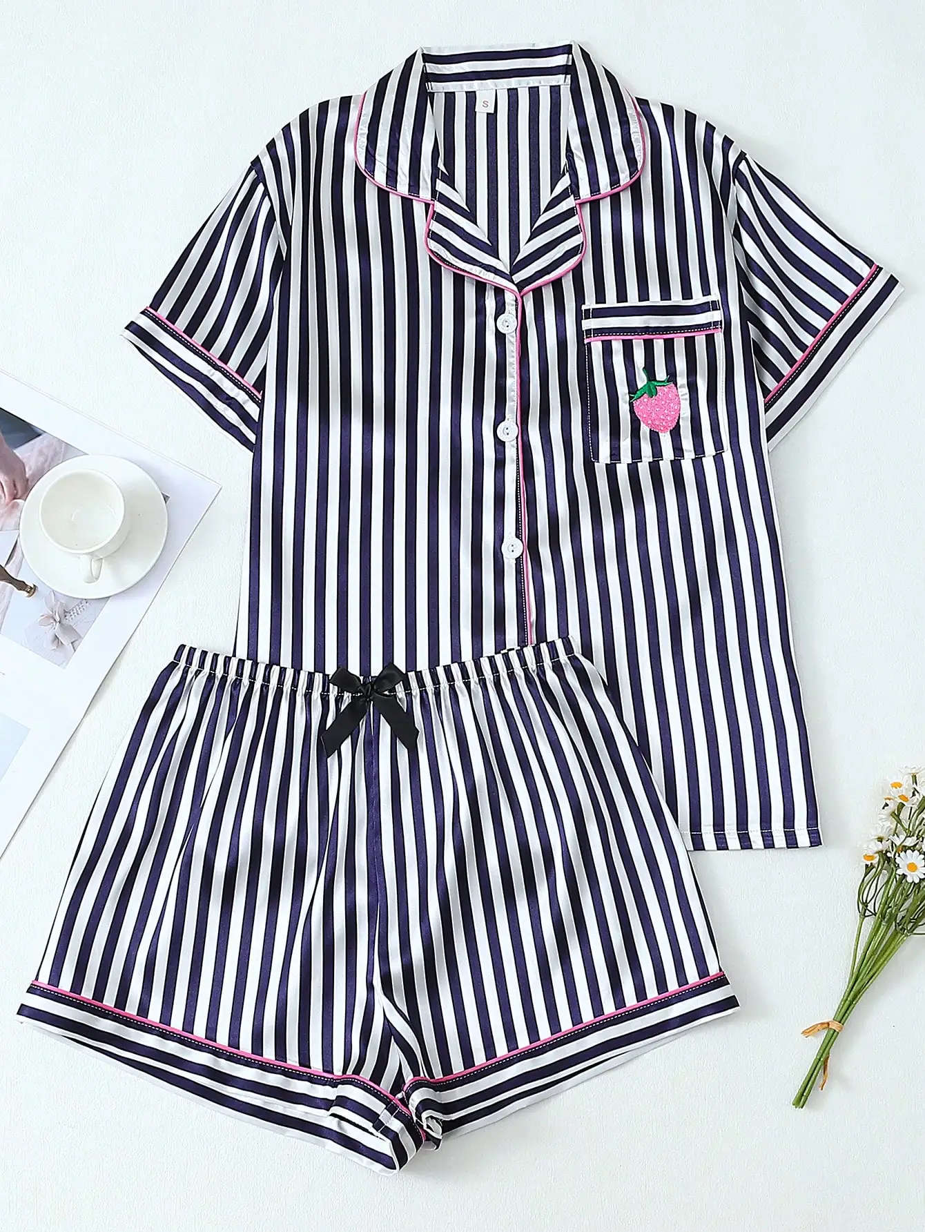 

2-Piece Satin Pajama Set: Navy & White Stripe, Collared Top with Pocket Embroidery, Bow Shorts