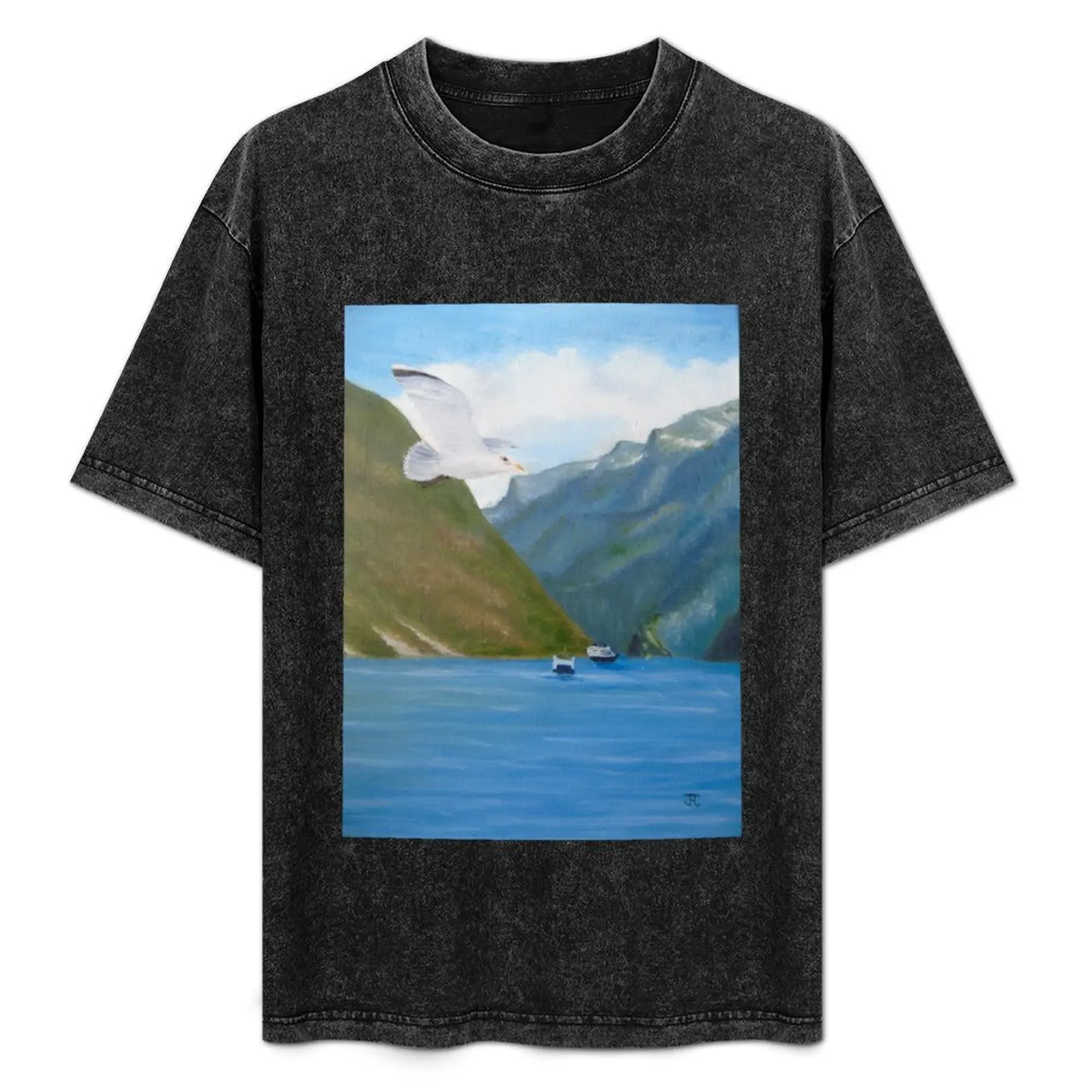 Фото Фьорд Гераингер, Норвегия - изображение, выполненное маслом. Дышащая футболка для фитнеса и тренировок.
