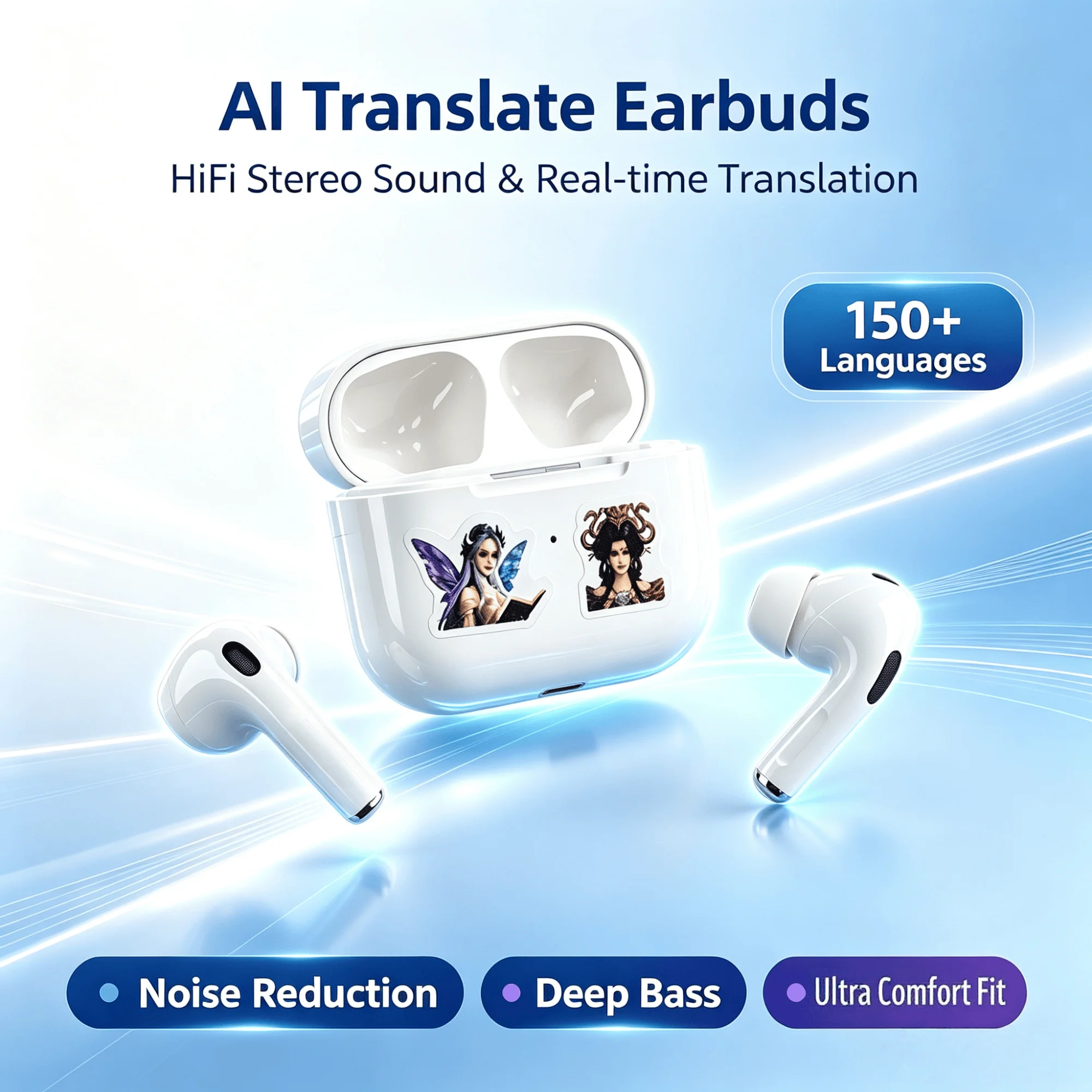 Fones de Ouvido Sem Fio Bluetooth com Tradução por IA, Estéreo HiFi, Graves Aprimorados, Controle por Toque, Cancelamento de Ruído e Longa Duração da Bateria