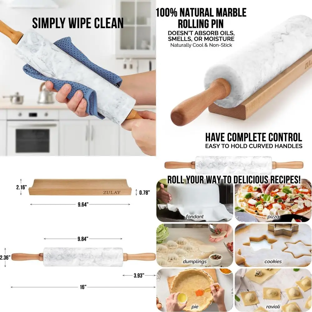 

17 Marble Pastry Roller with Stand - Polished Rolling Pin for Baking, Beechwood Handle, Non-stick Surface