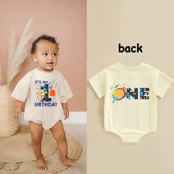 My 1st Birthday&ONE Print Baby Bubble Romper Short Sleeve Oversized Infant Rompers Baby's First Birthday Party Clothes