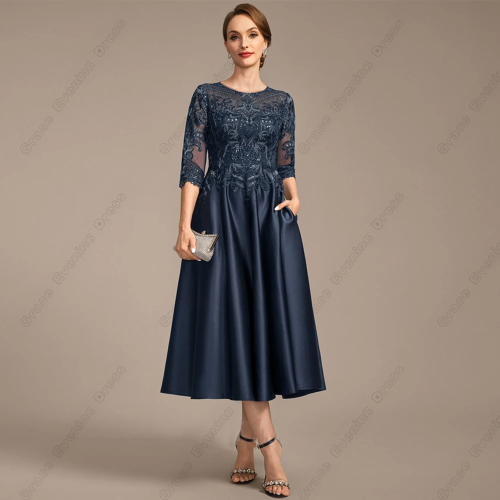 Full Sleeve Mother of Bride Dresses with Lace Tea Length Wedding Party Dresses for Women 2024 Summer New Satin Robe De Soirée