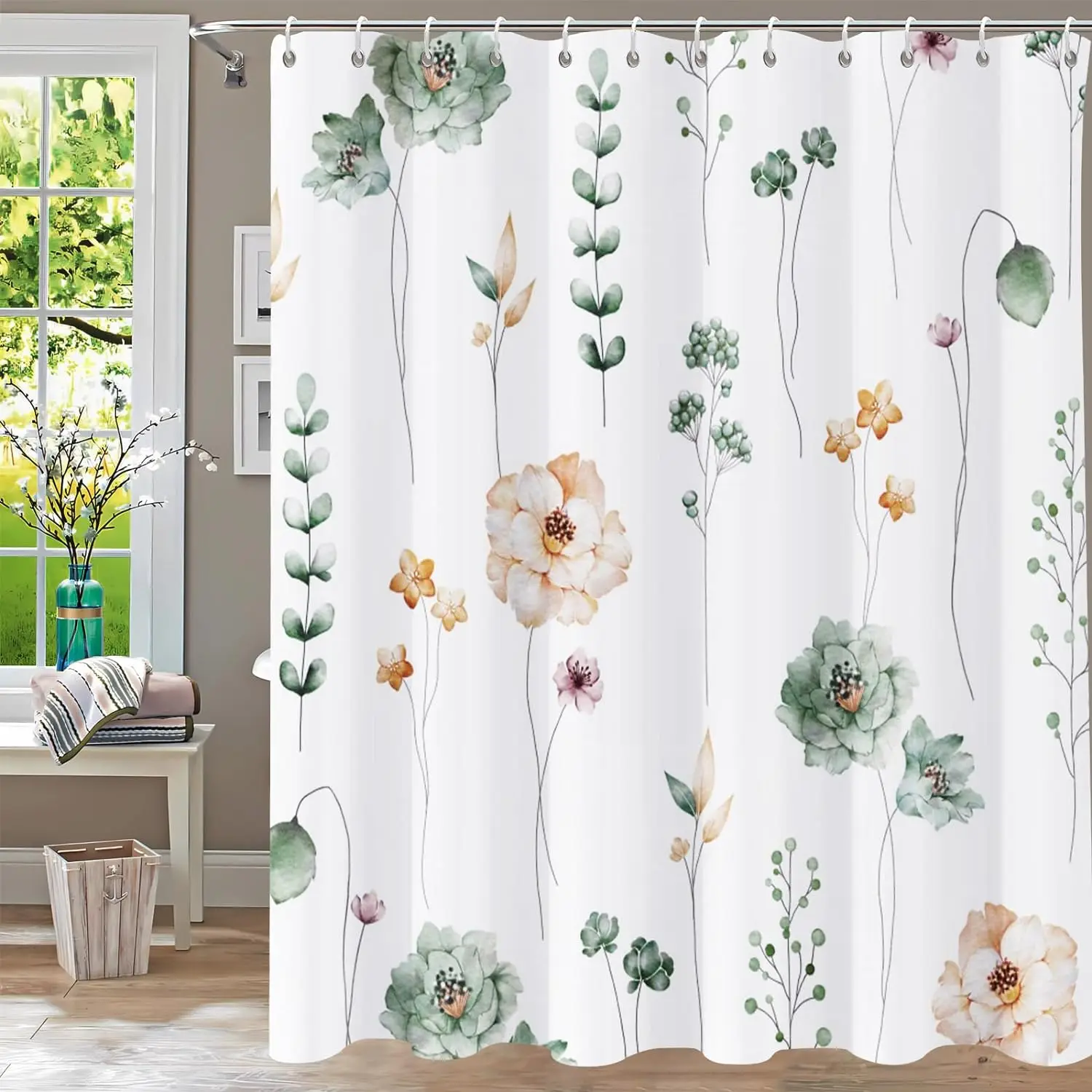 

Watercolor Floral Shower Curtain Modern Minimalist White Watercolor shower curtain Waterproof Fabric Bathroom Decoration