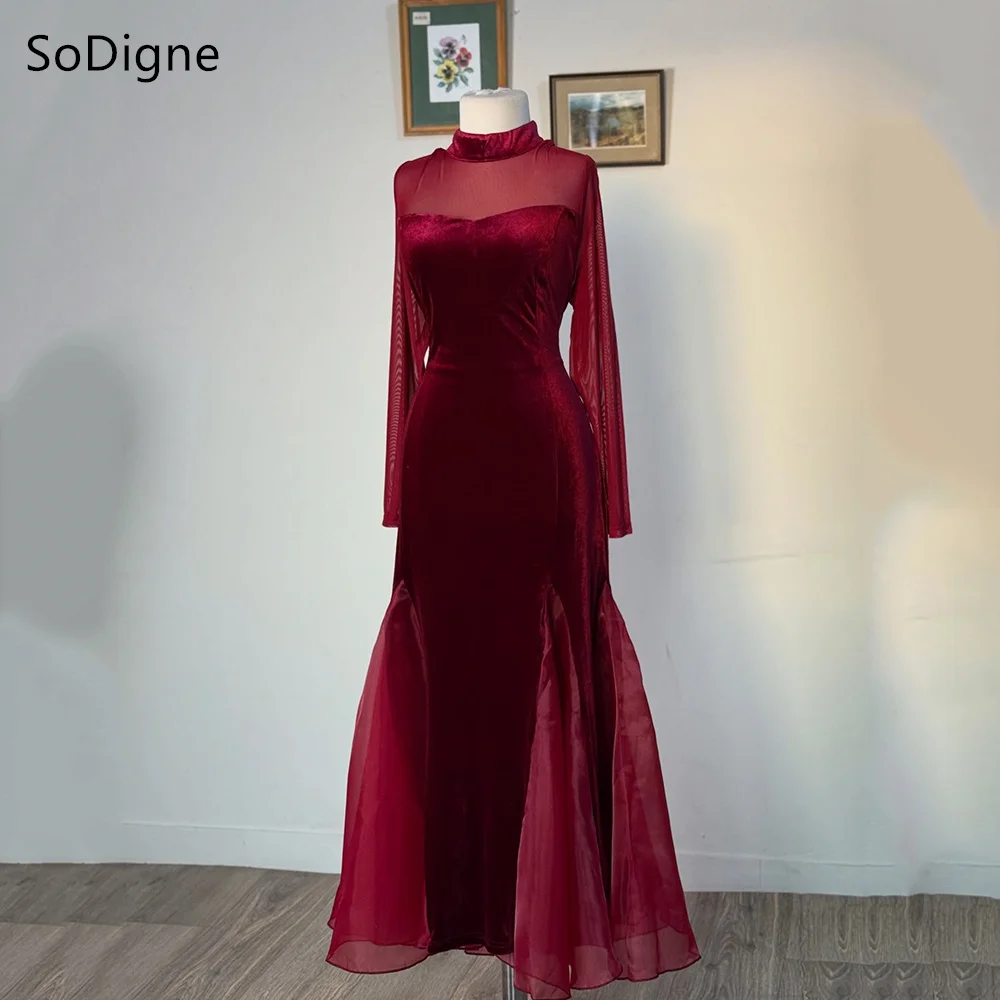 

SoDigne Elegant Velvet Prom Dresses Simple High-Neck Full Sleevess Party Dress Sheath Mermaid Prom Gowns Customized