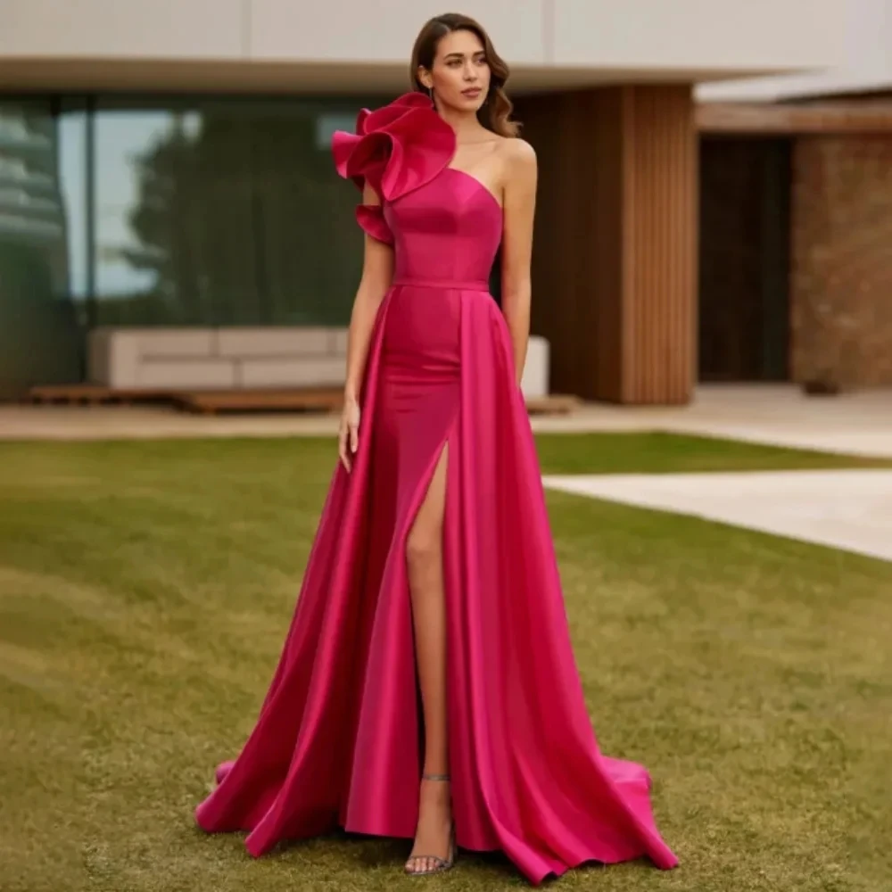 

Romantic Hot Pink Satin Evening Party Dress One Shoulder Ruffles Split Prom Formal Gowns Robe De Soiree Vestidos De Feast