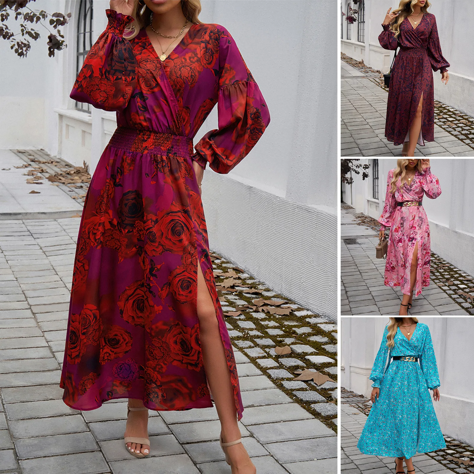 

Autumn And Winter Amazon European American Foreign Trade Women's Clothing Temperament Elegant V-neck High Waist Printed Dress
