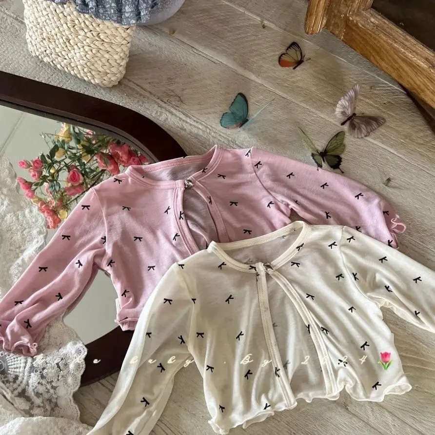 Girls' Korean Version of Summer Models, New Solid-color Thin Sunscreen Clothing, Versatile Breasted Bow Printed Jacket
