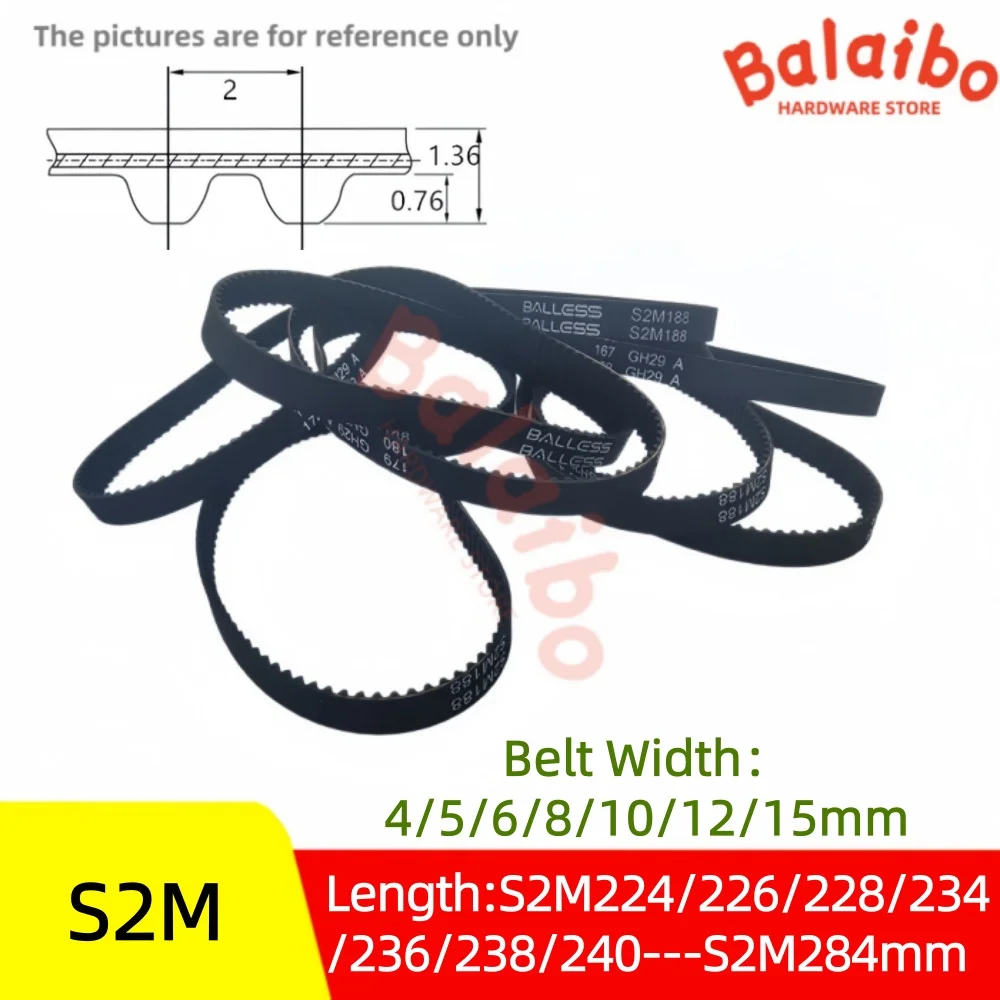 S2M timing belt perimeter S2M224/226/228/234/236/238/240--S2M284mm  Belt Width 4/5/6/8/10/12/15mm High torque rubber belt
