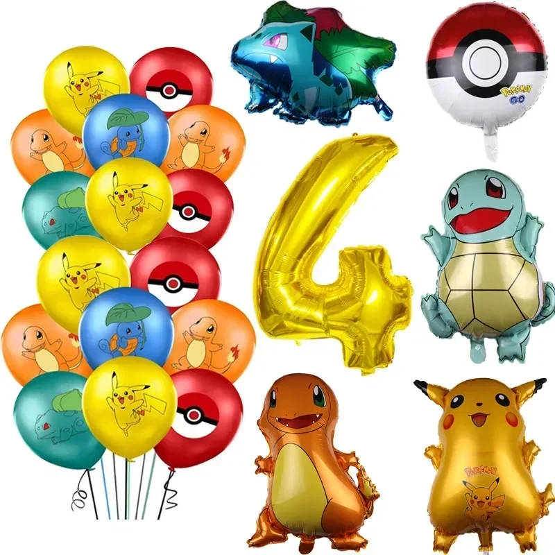 Juego de globos para fiesta de cumpleaños con tema de Pokémon, 26 Uds., Pikachu Charmander Squirtle Bulbasaur, globos con números para decoración de niños