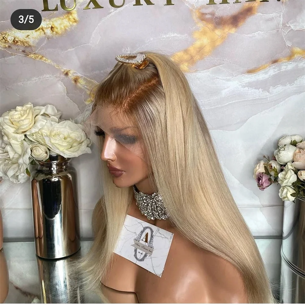 Parrucca anteriore in pizzo 13X4 parrucche sintetiche per donna parrucca da festa quotidiana lunga diritta bionda chiara frontale senza colla con linea sottile naturale