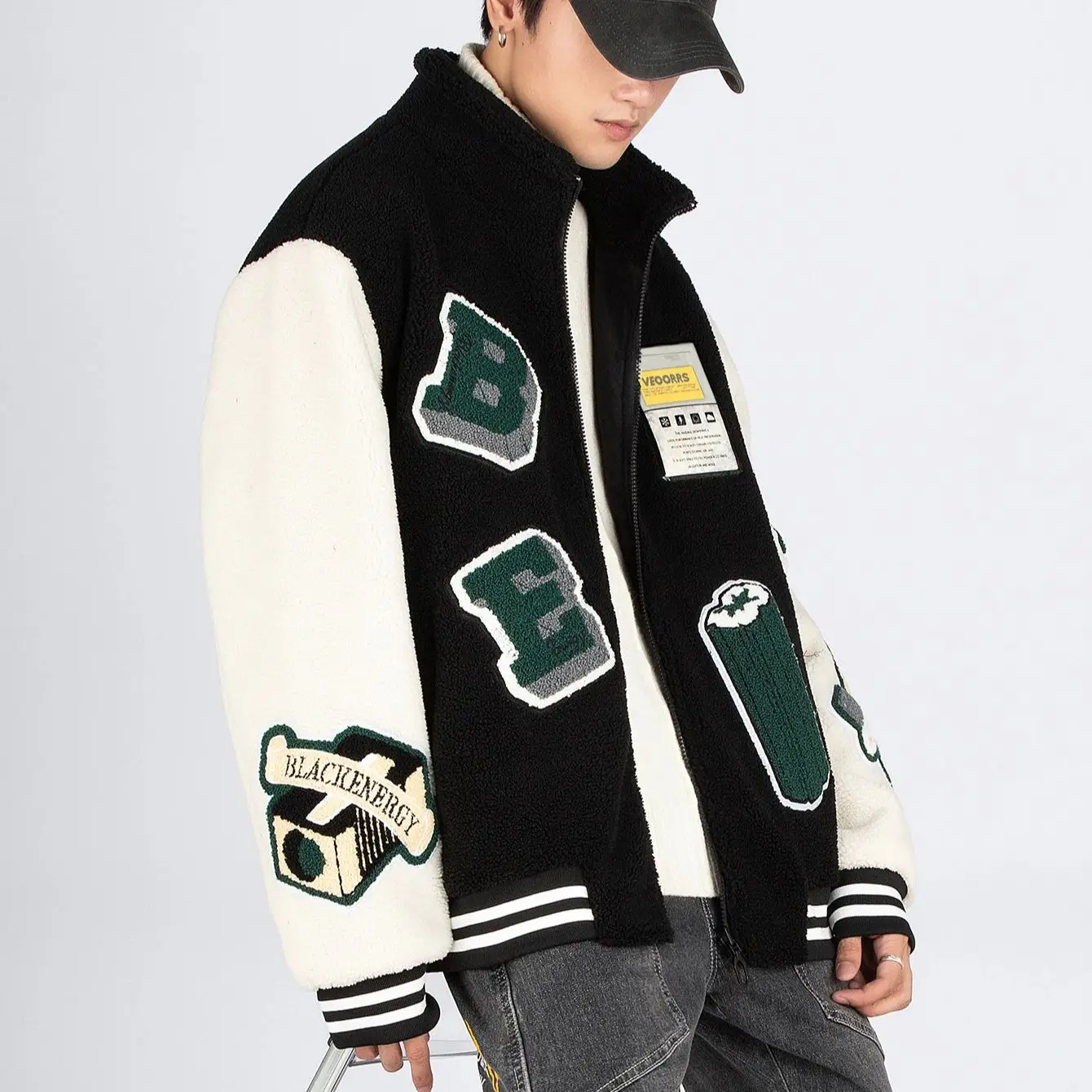 

Men's Fleece Jacket Long Sleeve Colour Block Polyester Polar Fuzzy Jacket Letter Embroidery Baseball Style Fleece Jacket Warm