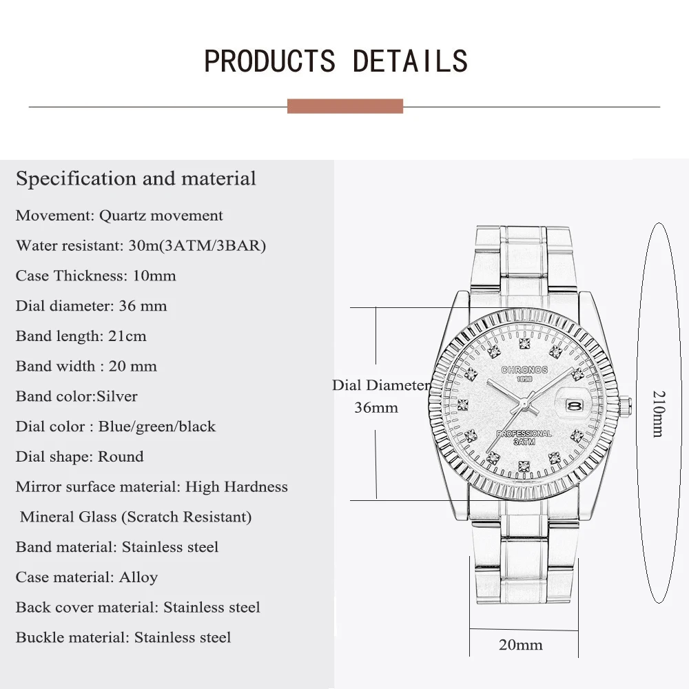 CHRONOS Man Waterproof Quart Watch with Date Analog Business Watch Male Stainless Steel Rhinestone Watch Green Blue Dial